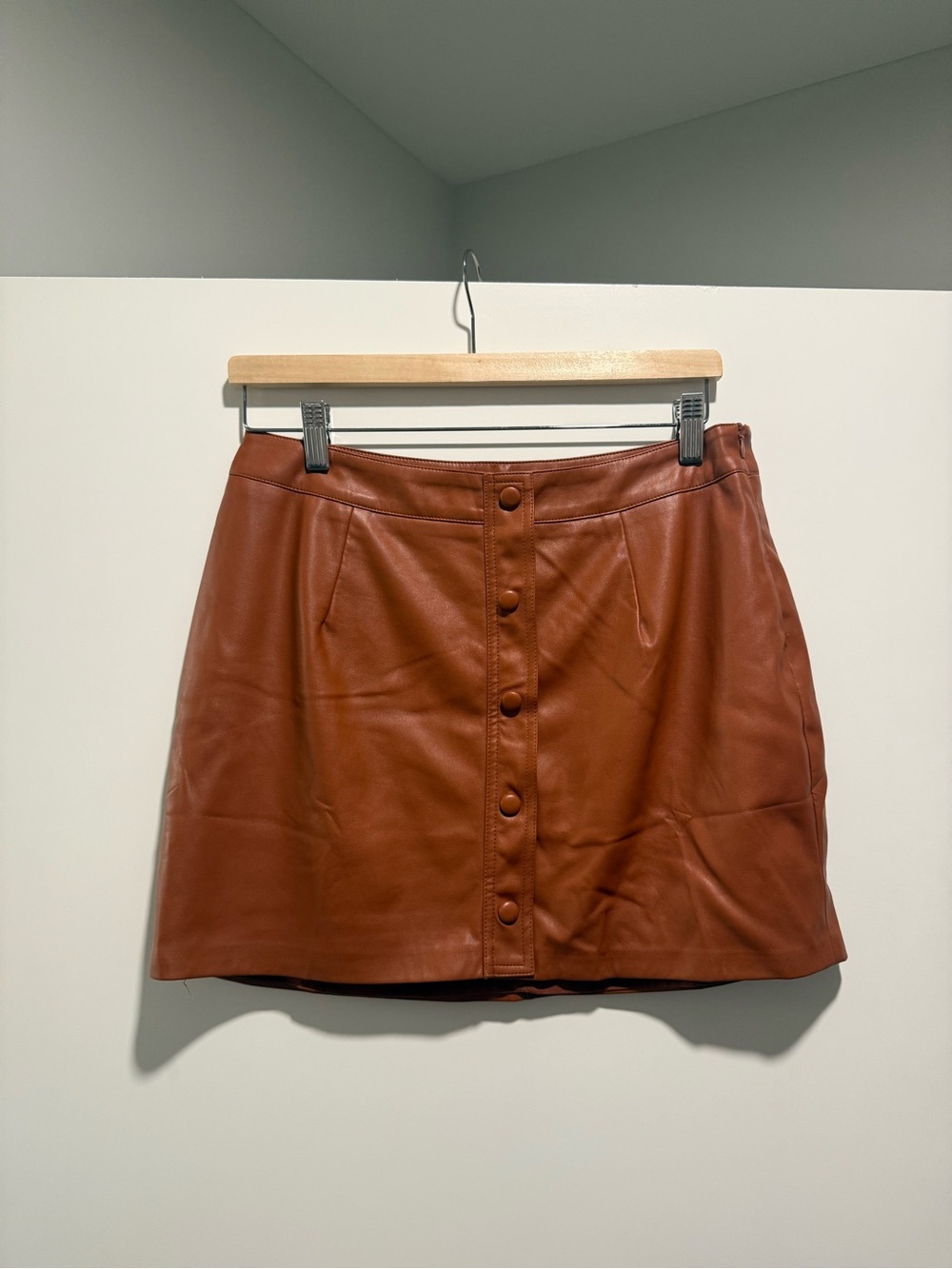 Lulus Button-Front Faux Leather Mini Skirt in Rust